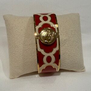 Gold-Tone Orange Enamel Cuff Bracelet with Medallion